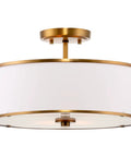 15 Inch Modern Gold Semi Flush Mount Ceiling Light With White Fabric Drum Shade, 3 Light Hanging Fixture, Tempered Glass Diffuser