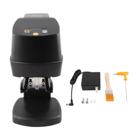Premium Electric Coffee Tamper With 58mm Precision Dial and Height Adjustability, black design with accessories and power adapter.