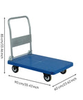 Heavy Duty Folding Transport Cart With Aluminum Handle And Rugged Deck For Easy Box Hauls In Warehouses Labs And Classrooms Four Wheel Push Cart For Daily Use And Reliable Smooth Mobility. Blue 90x60 cm folding cart with 85 cm handle