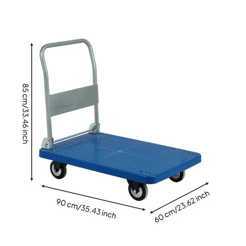 Heavy Duty Folding Transport Cart With Aluminum Handle And Rugged Deck For Easy Box Hauls In Warehouses Labs And Classrooms Four Wheel Push Cart For Daily Use And Reliable Smooth Mobility. Blue 90x60 cm folding cart with 85 cm handle