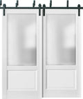 Double Sliding Bypass Doors With Frosted Opaque Glass In White Silk Finish, Heavy Duty Steel Rail Kit, 84 By 96 Inches, Front View