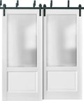 Top Shelf Double Sliding Barn Doors With Frosted Opaque Glass And Clean White Silk Finish Includes Beefy Six Foot Six Inch Steel Track Rig With Full Hardware Setup For 72InchBy96Inch Rooms, showing two white panels with frosted glass.