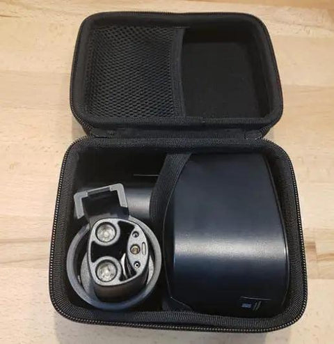 Straight Up Eva Hard Travel Case For Tesla Ccs1 J1772 Charging Adapter showing secured adapter in a black EVA pouch.