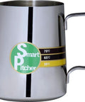 Espresso Milk Frothing Pitcher With Built In Thermometer And Thermo Indicator Color Coding Stainless Steel 20 Oz side view