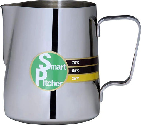 Espresso Milk Frothing Pitcher With Built In Thermometer And Thermo Indicator Color Coding Stainless Steel 20 Oz side view