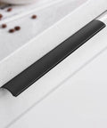 Aluminum Alloy Concealed Cabinet Door Pulls 1200mm Two Piece Black Wardrobe Kitchen Handles With Finger Edge Matte Finish on cabinet.