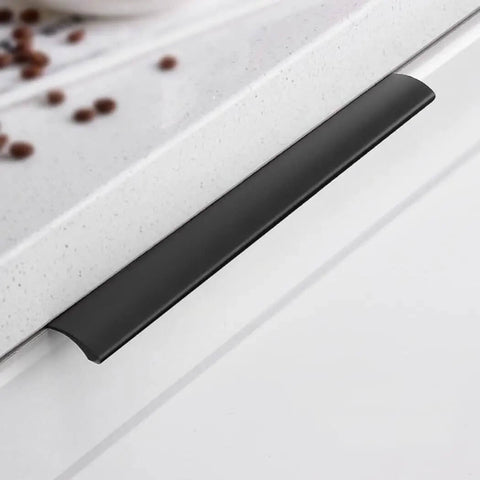 Aluminum Alloy Concealed Cabinet Door Pulls 1200mm Two Piece Black Wardrobe Kitchen Handles With Finger Edge Matte Finish on cabinet.