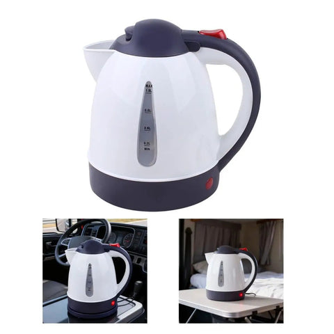 Game Changer Dual Voltage Car Kettle 1 Liter in white and gray, ideal portable water heater for vehicles, shows auto shutoff feature.