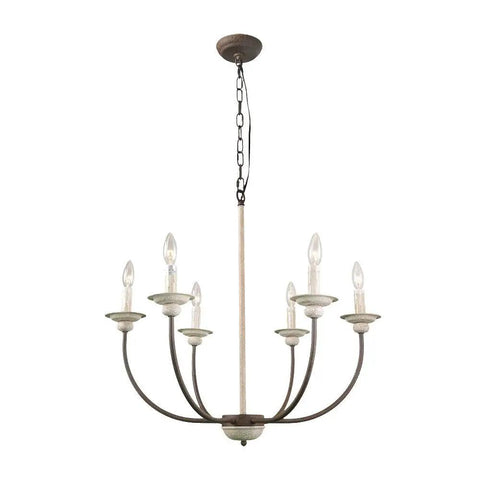 Farmhouse Chandelier Pendant Light in Antique White with Rustic Metal Finish, 26 Inch French Country Style Ceiling Light with 6 lights.