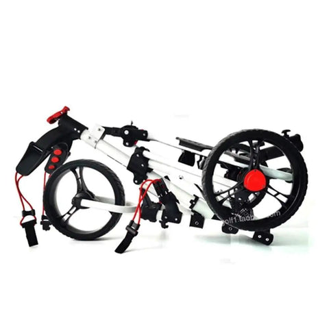 Slick Foldable Three Wheeled Golf Cart Crafted From Solid Aluminum Alloy shown in compact fold design for easy storage.