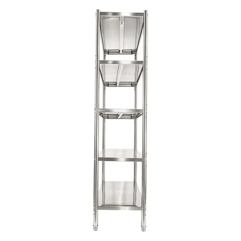Built Tough Five Tier Stainless Steel Storage Rack Heavy Duty Adjustable Metal Shelving Unit Designed For Heavy Hauls And Home Organization With 330 Pound Capacity Per Shelf Garage Ready Silver Finish side view showing five tiers.