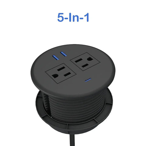 Two Pack Desktop Power Grommet PD20W Fast Charging USBC three inch round flush mount desk outlet black with two AC ports and USB.
