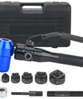 Heavy Duty Hydraulic Knockout Hole Punch Kit For Electrical Conduit 1/2 To 2 Inch with six die cutter set and tools, black case included.