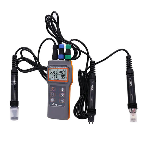 6-In-1 Digital Water Quality Meter Handheld Tester With pH, TDS, DO, EC, Salinity And Temperature, IP67 Waterproof, probes attached.