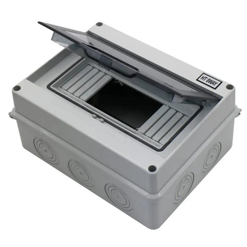 Rugged 8 Way IP65 ABS Distribution Protection Box With DIN Rail Mount For Electrical Panels And Industrial Use Waterproof Power Enclosure In Gray Durable Plastic Case For Control Gear, open lid view