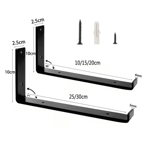 Dimensions of Six Piece Wall Mounted Iron Shelves Set With Heavy Duty Industrial Angle Brackets shown, includes screws and anchors.