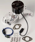 Slick Polished Billet Aluminum High Flow Electric Water Pump For Big Block Chevy with wiring, bolts, gaskets, and hoses laid out.