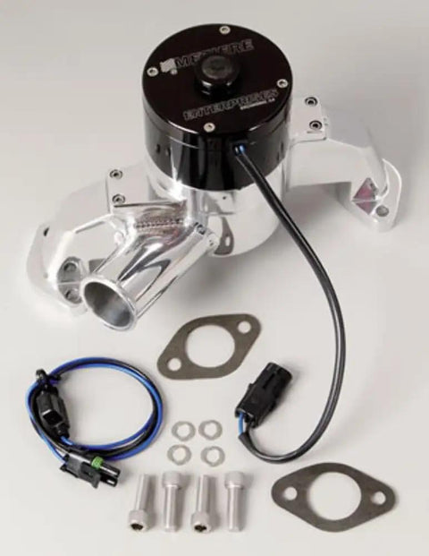 Slick Polished Billet Aluminum High Flow Electric Water Pump For Big Block Chevy with wiring, bolts, gaskets, and hoses laid out.