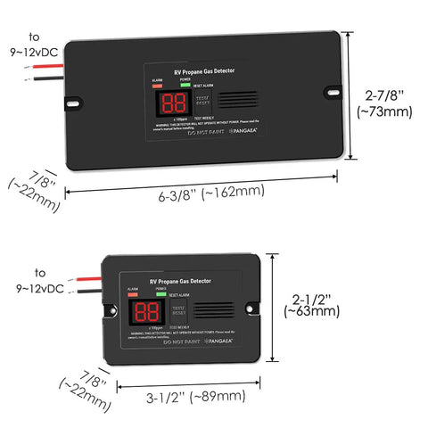 Dimensions and components of Digital RV Propane Gas Detector with 85dB Alarm and 12V DC power.