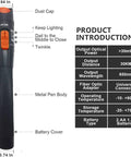 Front view of a black handheld FTTH fiber tool with an orange trigger and dust cap.