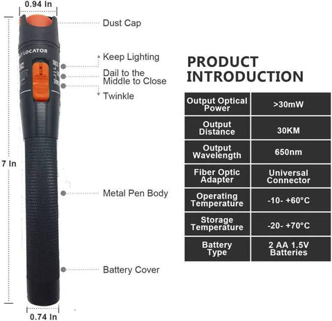Front view of a black handheld FTTH fiber tool with an orange trigger and dust cap.