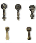 Old School Antique European Pendant Cabinet Handle And Drawer Pull Brass Hardware For Vintage Furniture Single Hole Mount Durable Brass Door Pull For Cabinets And Doors Smooth Finish And Easy Install shown in various designs.