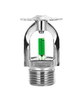 Top Shelf One Half Inch Thread Pendent Fire Sprinkler Head Quick Response At Ninety Three Celsius Rock Solid Nickel Copper Build with green indicator.