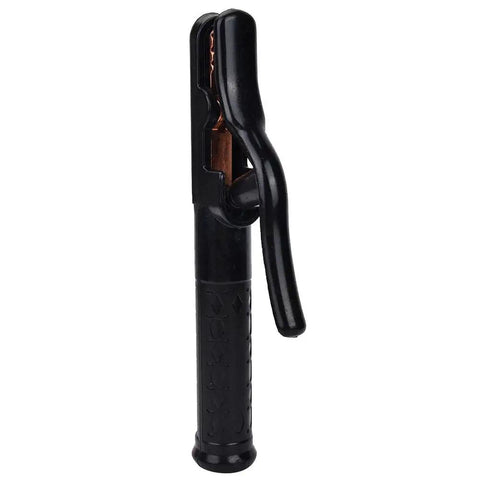 Black welding electrode holder with copper clamp on white background