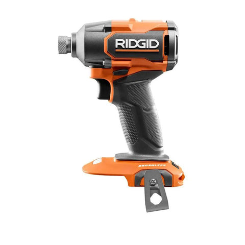 18V Brushless Cordless Impact Driver Tool Only 3 Speed Settings One Quarter Inch Hex Chuck shown sideways on white background