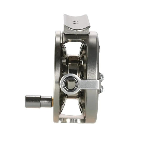 Side view of Aluminum Alloy Fly Fishing Reel 1:1 Gear Ratio Right Handed Ice And Saltwater Tackle Accessory.