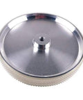 Top Shelf Measuring Wheel With 500 Mm Pimpled Rubber Tread And 10 Mm Shaft view of shiny metal wheel with center mount