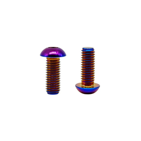 Badass Gr5 Aviation Grade Titanium Screws M8 X 20 mm Iso7380 Button Head Hex Socket Cap Bolts In Slick Burnt Blue Finish Tough As Nails Fasteners For Hot Rods And Heavy Duty Gear Pack Of Five close-up view with dual angle display