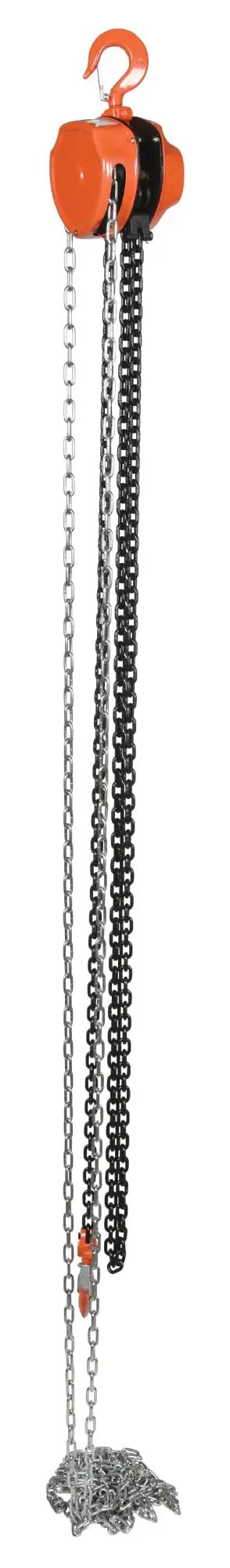 HCH 2 15 Steel Manual Chain Hoist 15 Ft Lift 2000 Lb Capacity Orange, showcasing stamped steel housing and dual chains hanging down.