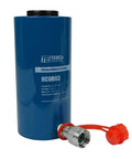 TEMCo HC0003 hollow hydraulic cylinder in blue with red hose and coupling, 30-ton capacity, 4-inch stroke