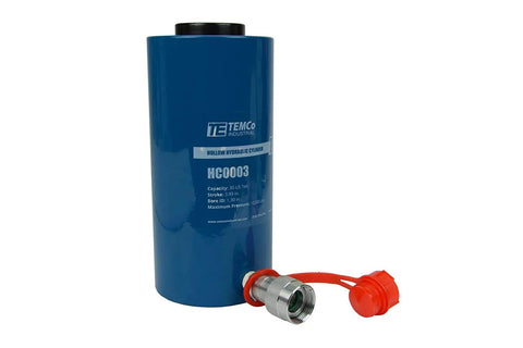 TEMCo HC0003 hollow hydraulic cylinder in blue with red hose and coupling, 30-ton capacity, 4-inch stroke