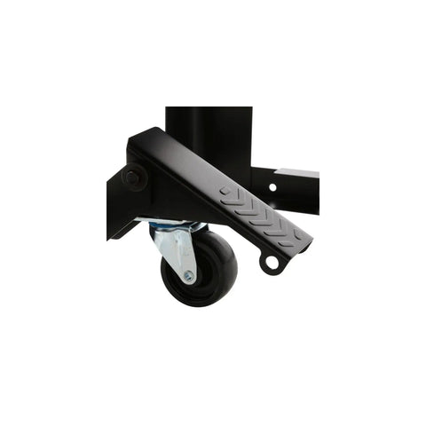 Close-up of the caster wheel and locking mechanism on the Heavy Duty Planer Stand With Smooth Rolling Mobile Base.