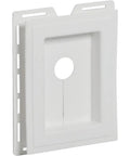 Split Recess J-Block Mounting Block With Patented Hinge For Easy Install UV Stabilized Color Secures Outdoor Electrical Receptacles And Water Faucets For Any Exterior Setup white plastic recessed mounting block front view