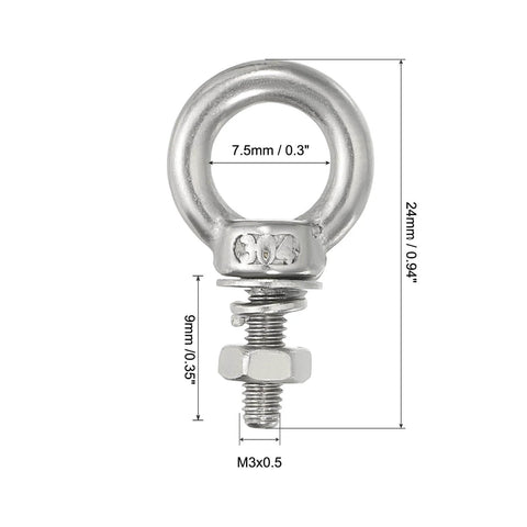 Heavy Duty Stainless Steel Eye Bolts Set, M3x9 Threaded Eye Bolts 1/8 x 7/20 Inches, Shoulder Ring With Nuts And Washers shown