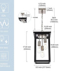 Diagram of 3 Light Outdoor Pendant Light Fixture in Black and Brushed Nickel Finish with Clear Glass showing dimensions and specifications
