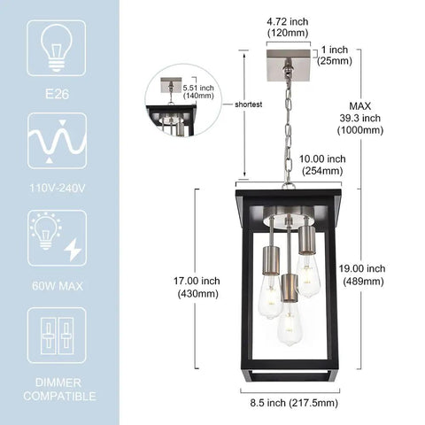 Diagram of 3 Light Outdoor Pendant Light Fixture in Black and Brushed Nickel Finish with Clear Glass showing dimensions and specifications