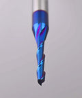 Solid Carbide Spiral Upcut Router Bits Set Two Pieces One Quarter Inch Shank One Eighth Inch Cutting Diameter Two And A Half Inch Total Length Nano Blue Coating Workhorse For Carving Standard Milling Finishing And Boring close-up view