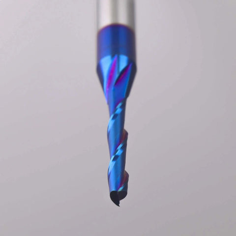 Solid Carbide Spiral Upcut Router Bits Set Two Pieces One Quarter Inch Shank One Eighth Inch Cutting Diameter Two And A Half Inch Total Length Nano Blue Coating Workhorse For Carving Standard Milling Finishing And Boring close-up view