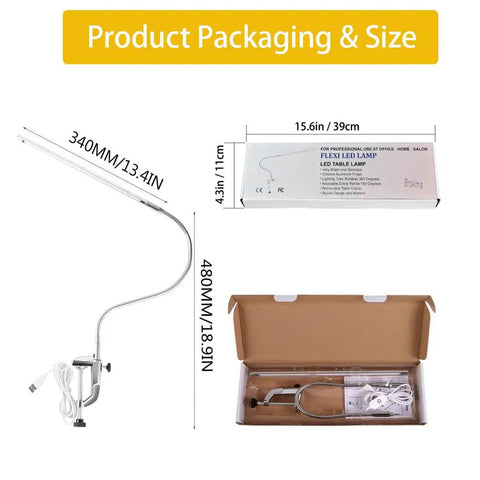 Product packaging and size for USB LED Desk Lamp With Clamp 8 To 12W Adjustable Brightness Eye Friendly Totally Glare Free