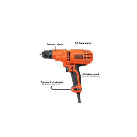 Corded Drill With 5.5 Amp Motor And 3/8 Inch Chuck, Variable Speed For Precise Drilling, Compact And Handy For Tight Spaces, Onboard Bit Storage For Quick Bit Changes And Small DIY Projects