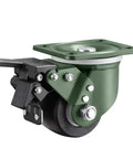Top Rated Heavy Duty 3 Inch Polyamide Caster Wheels With Smooth Swivel Brakes And Double Ball Bearings Smooth As Butter Silent Floor Savers 4 Pack close-up with green steel base and locking brake.