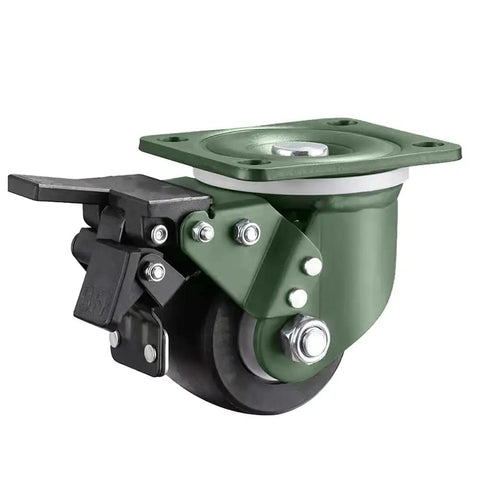 Top Rated Heavy Duty 3 Inch Polyamide Caster Wheels With Smooth Swivel Brakes And Double Ball Bearings Smooth As Butter Silent Floor Savers 4 Pack close-up with green steel base and locking brake.