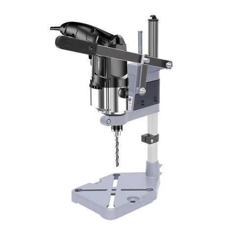 Universal Drill Press Stand Featuring Rock Solid Bench Mount And Heavy Duty Aluminum Base For Hands Free Power Drill Workbench Setup; shows black drill positioned on aluminum base.