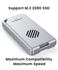 USB4 NVMe Enclosure With Active Cooling Fan And Solid Aluminum M.2 SSD Case For Mac iPad Pro, close-up view of aluminum design.