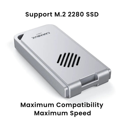USB4 NVMe Enclosure With Active Cooling Fan And Solid Aluminum M.2 SSD Case For Mac iPad Pro, close-up view of aluminum design.
