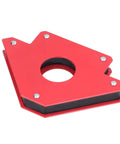 Check Out This Awesome 5 Inch Welding Magnet With 75 Lb Holds Strongly For Steel Work Fixtures And Angle Supports At 90 Degrees, red with a circular hole.